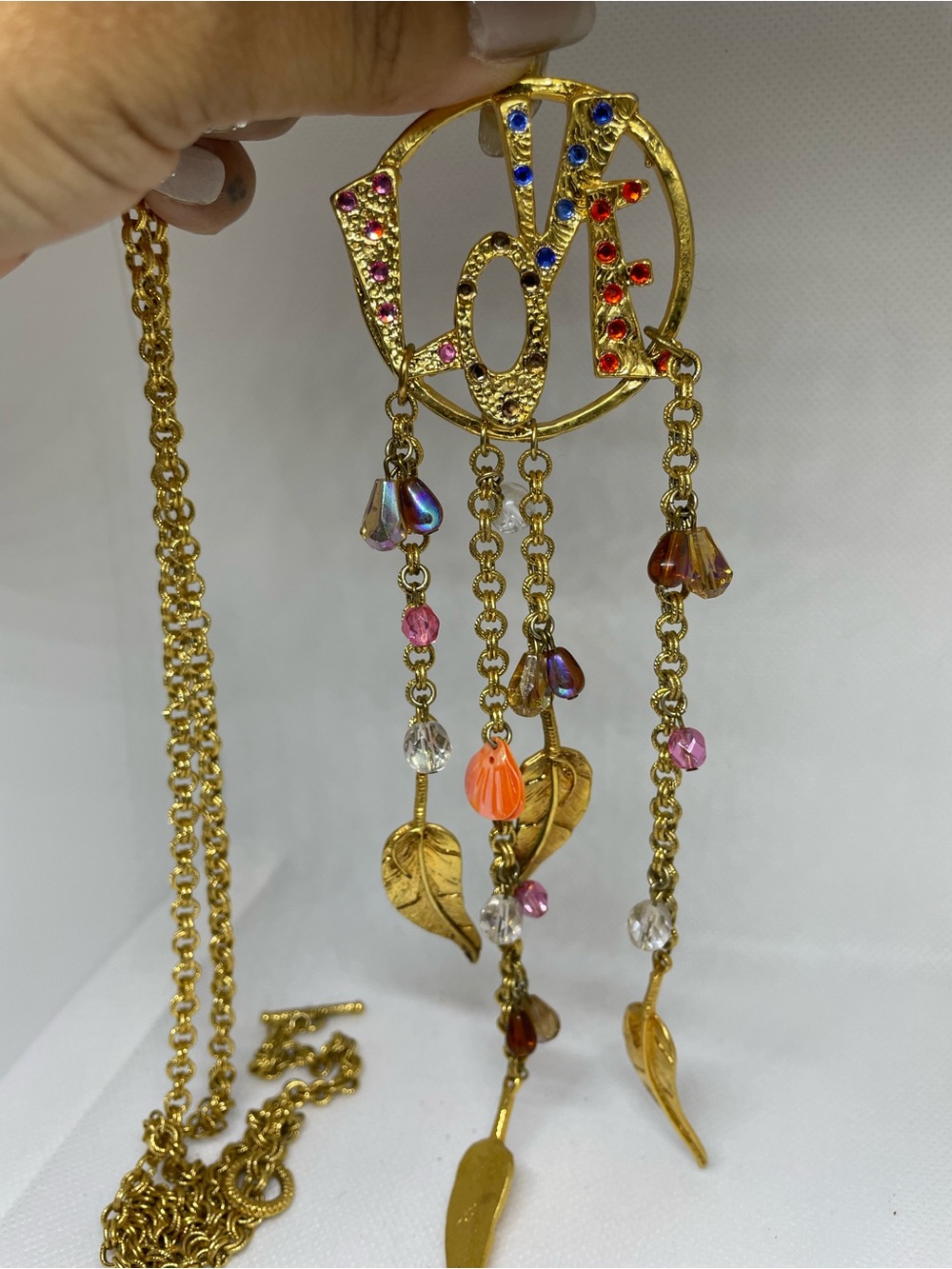 Vintage Gold Tone LOVE Pendant Necklace with Crystal Dangles | Statement Jewelry